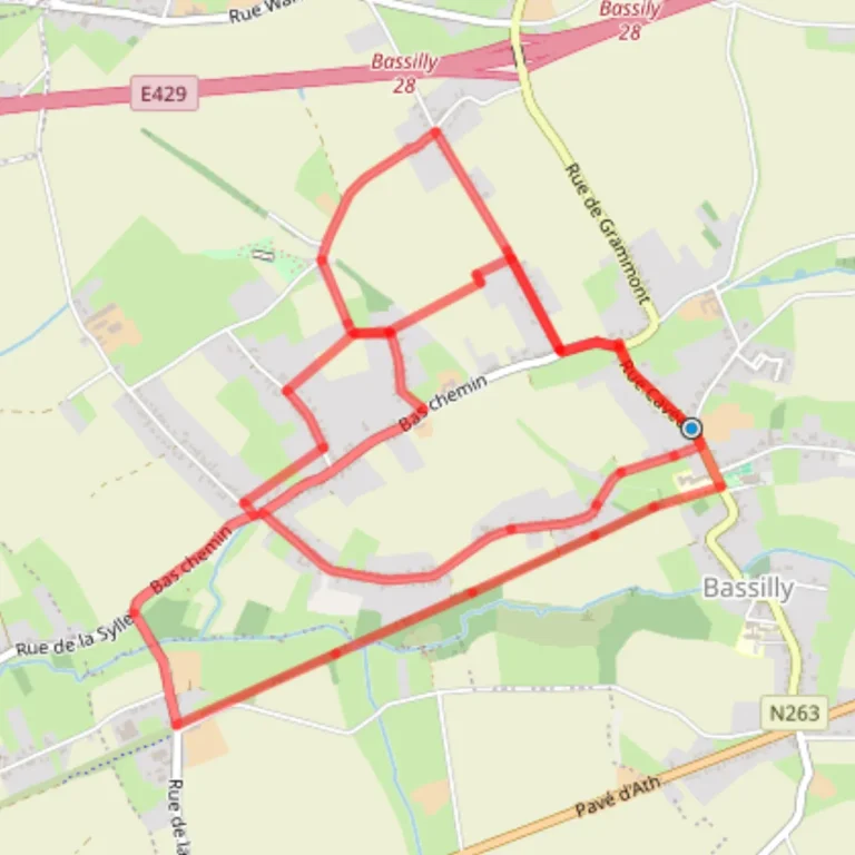 Plan du circuit : boucles tracées en rouge à l'ouest de Bassilly