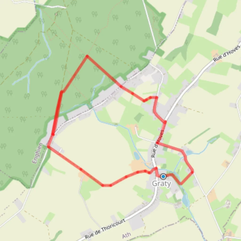 Plan du circuit : boucle tracée en rouge autour de Graty, en lisière du bois