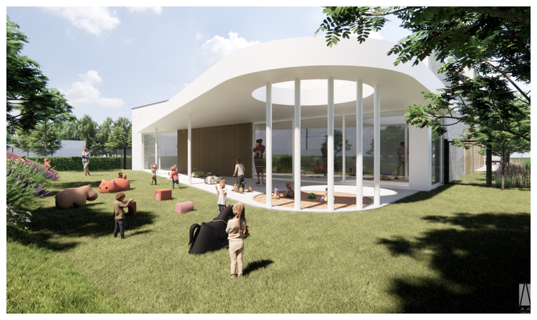 Vue d'architecte d'une crèche aux murs blancs arrondis et de son jardin où jouent des enfants
