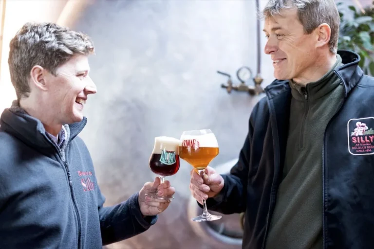 Deux hommes trinquent avec des verres de bière dans la brasserie