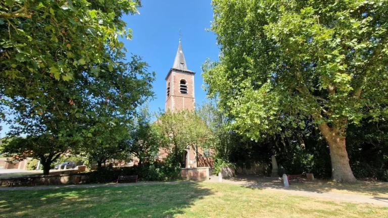 Église au clocher pointu entourée de grands arbres, derrière une pelouse