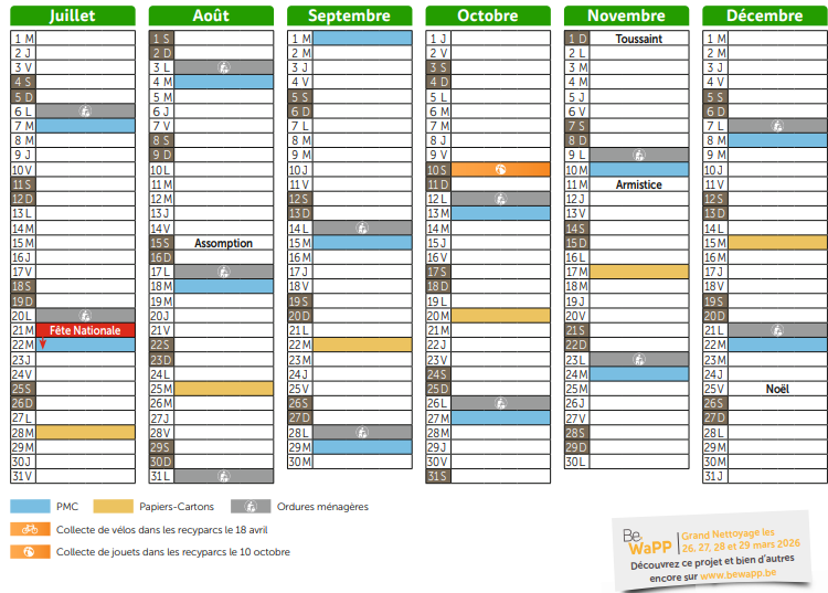 Calendrier des collectes de juillet à décembre 2026 : PMC, papiers-cartons et ordures ménagères, avec les collectes de vélos et de jouets dans les recyparcs