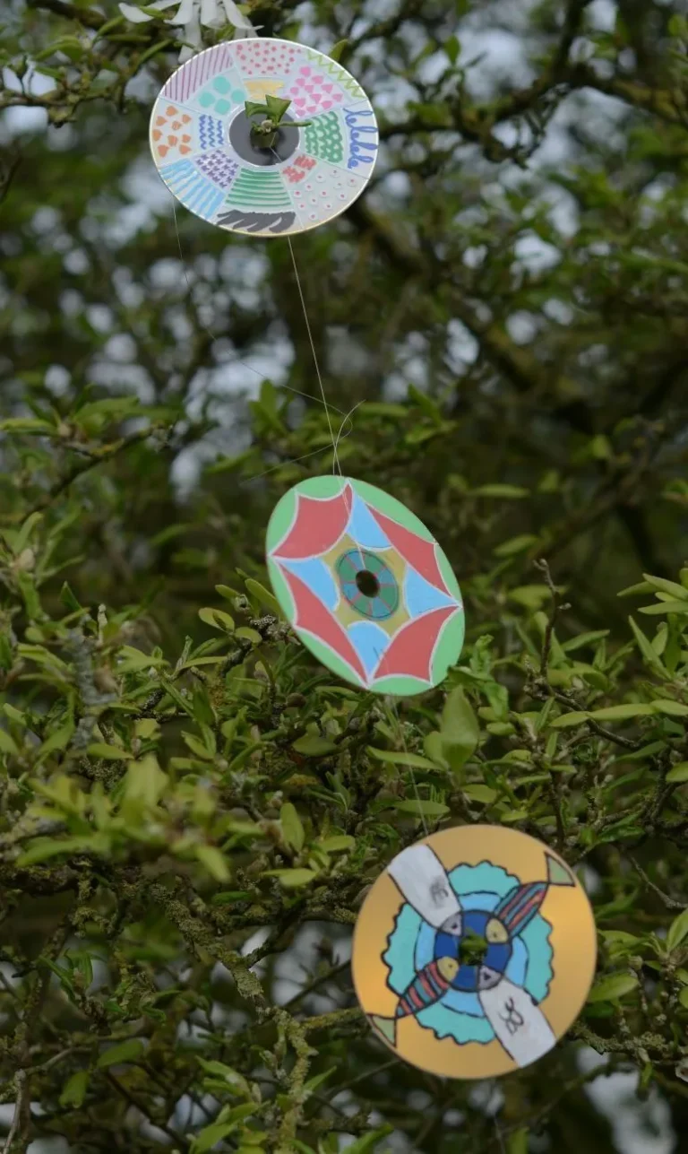 Trois disques décorés de motifs colorés suspendus dans un arbuste