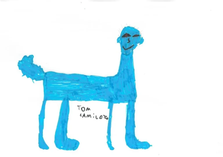 Dessin d'enfant : un animal bleu à quatre pattes
