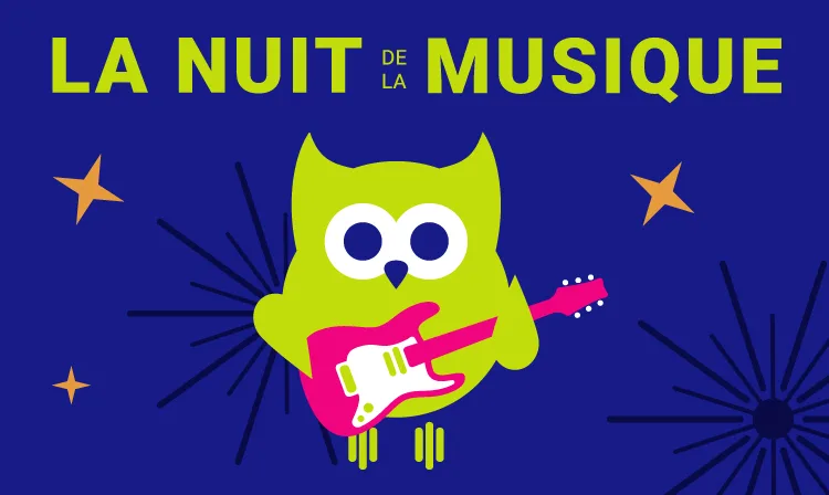 Logo de la Nuit de la Musique : un hibou vert jouant de la guitare
