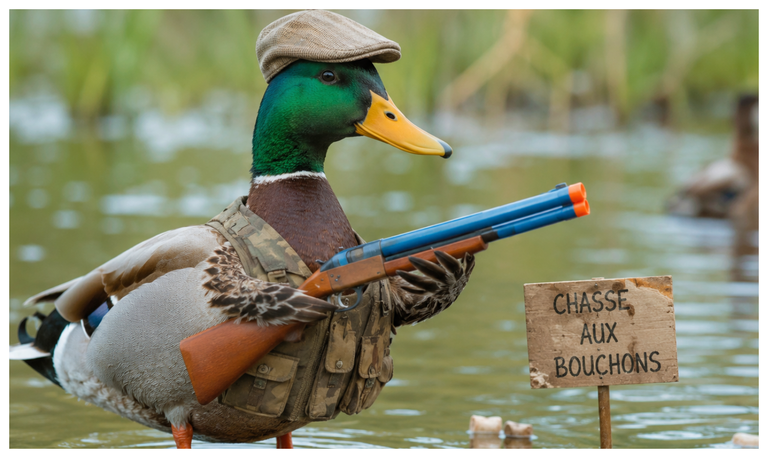 Canard en tenue de chasseur tenant un fusil à bouchon, près d'un panneau « Chasse aux bouchons »