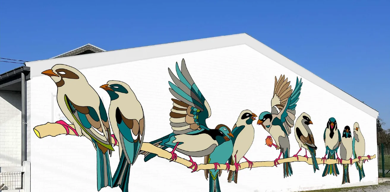 Maquette du projet de fresque « Le climat fait le mur » : des oiseaux stylisés peints sur le pignon blanc de l'école communale de Thoricourt