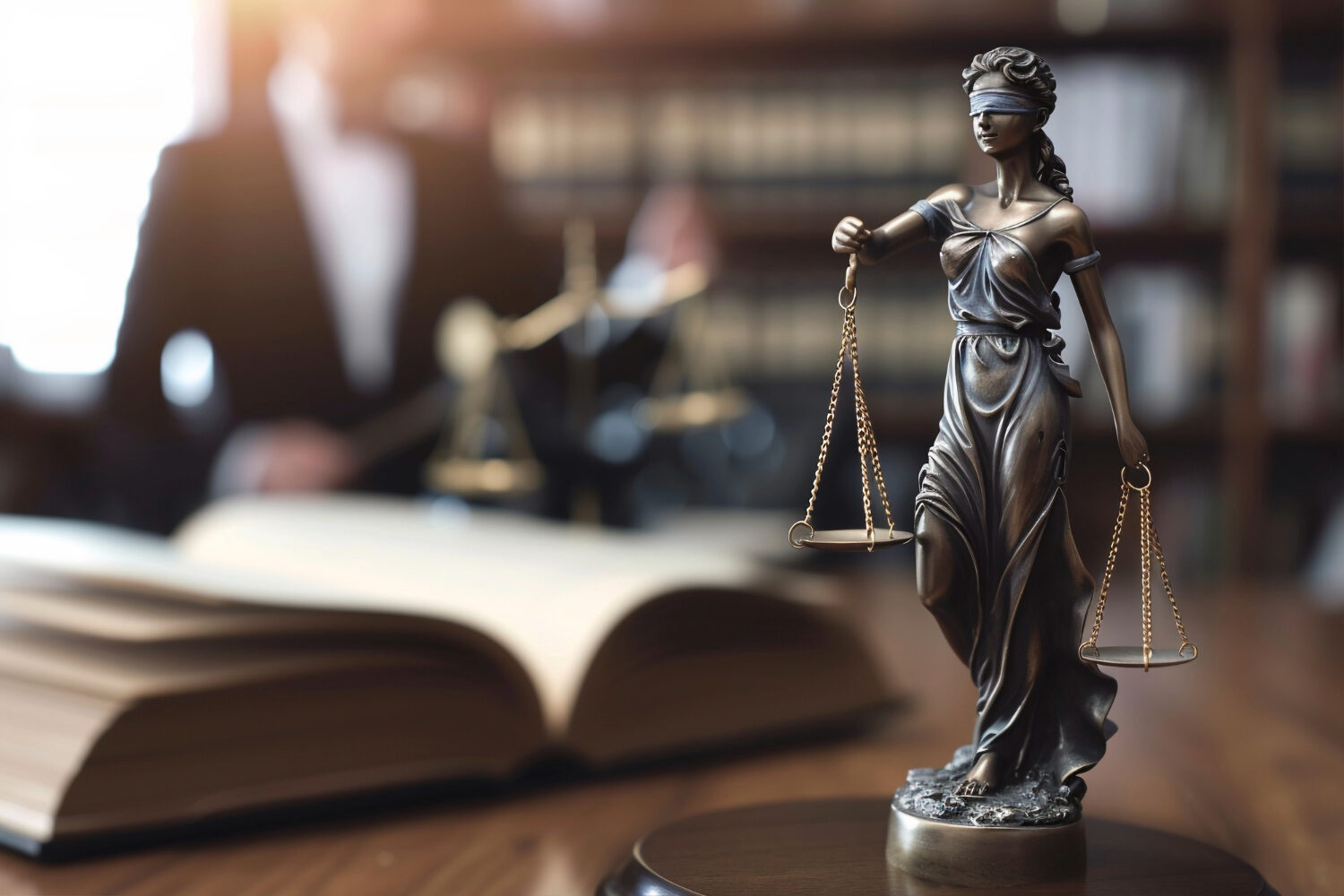Statuette de la Justice aux yeux bandés tenant une balance, devant un livre de droit ouvert et une bibliothèque juridique