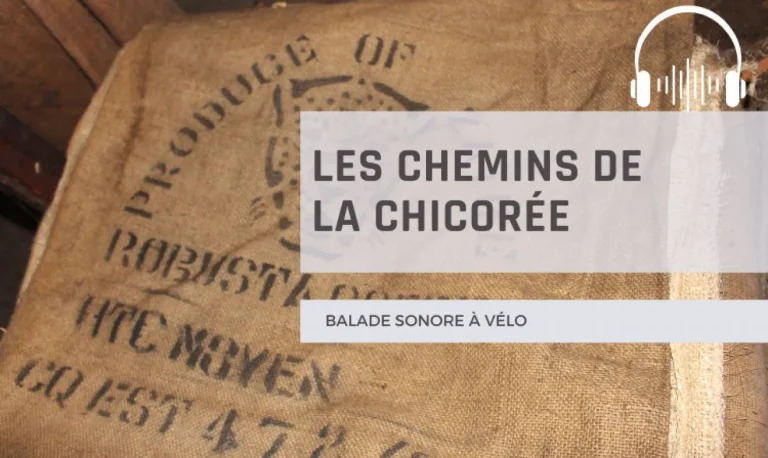 Visuel « Les Chemins de la Chicorée – Balade sonore à vélo » sur un sac de jute imprimé