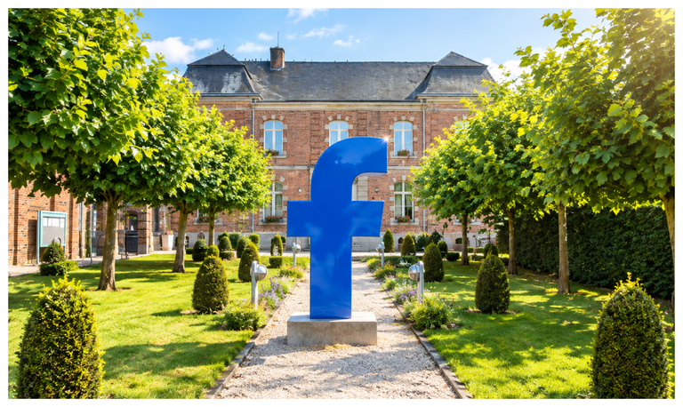 Grand logo Facebook planté dans un jardin, devant un bâtiment en briques