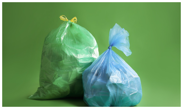 Deux sacs-poubelle remplis, l'un vert et l'autre bleu
