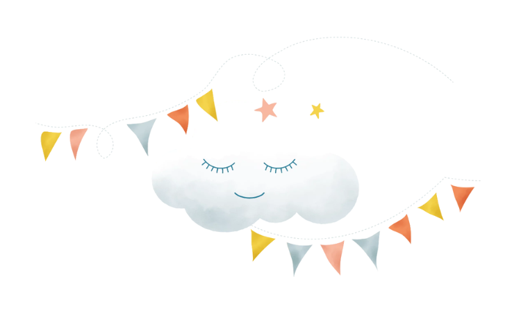 Illustration aquarelle d'un petit nuage souriant aux yeux clos, entouré de deux étoiles et de guirlandes de fanions colorés
