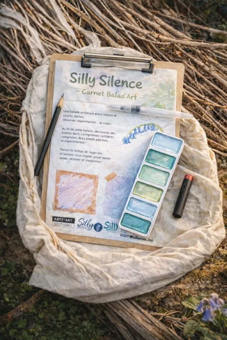 Carnet Balad'Art « Silly Silence » sur une planchette, avec un crayon et une palette d'aquarelle, posé sur un sac en tissu