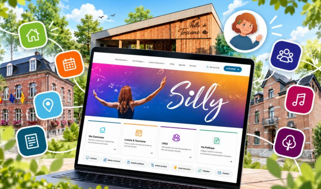 Illustration : un ordinateur portable affiche la page d'accueil du nouveau site de la Commune de Silly, devant la Halle de Toscane et deux bâtiments en briques, entouré d'icônes colorées et de Sillya, l'assistante virtuelle, qui fait un signe de la main.