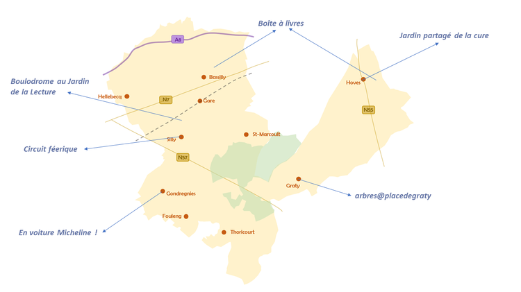 Carte de l'entité de Silly situant les six projets retenus : le boulodrome au Jardin de la lecture et le circuit féerique à Silly, les boîtes à livres à Bassilly et à Hoves, le jardin partagé de la cure à Hoves, arbres@placedegraty à Graty et En voiture Micheline ! à Gondregnies.