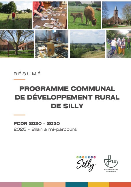 Couverture du résumé du Programme Communal de Développement Rural de Silly, PCDR 2020-2030, bilan à mi-parcours 2025 : huit photos des villages, de la campagne et de réunions citoyennes.
